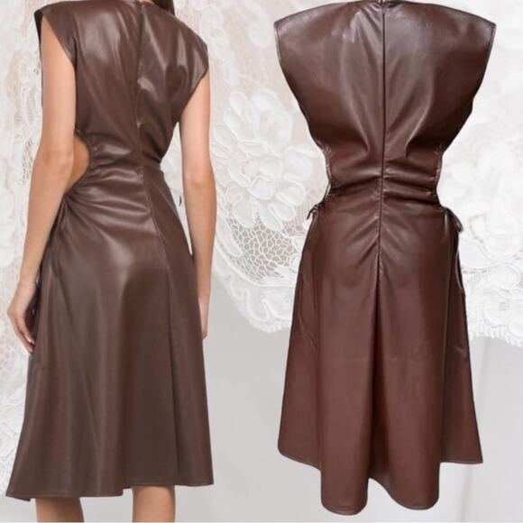 NWOT 7 for All Mankind Dress Faux Leather Dark Brown Cut Out Midi Size Large - Picture 2 of 4